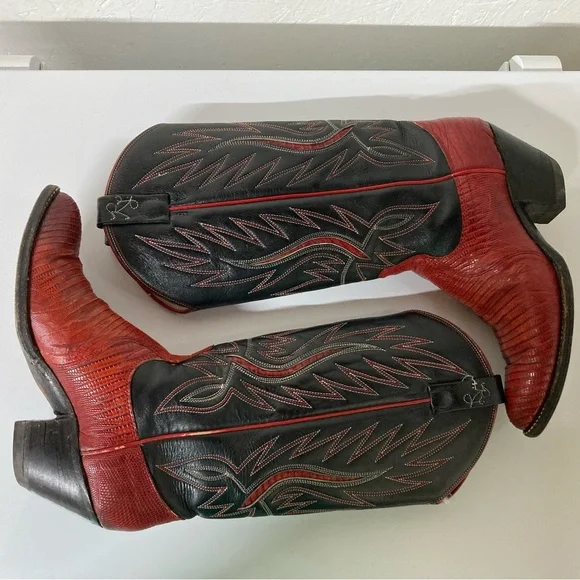 Ralph Lauren Lucchese Red Black leather Cowboy Western Boots vintage inlay 7 - Picture 9 of 16